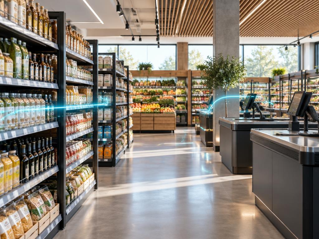 Rayon de magasin moderne relié à un signal en caisse